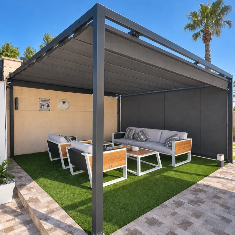 Pérgola Solaris 100 con estructura antracita, cubierta gris y cierre lateral sobre un conjunto de sofás en el jardín.