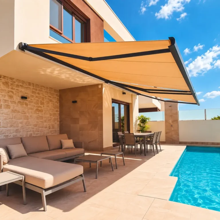 Toldo de brazos extensibles tipo cofre con lona beige instalado en una terraza junto a piscina.